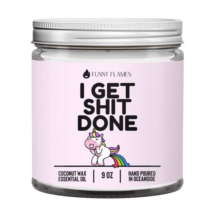 I get Shit Done (Unicorn)- Funny Flames Candle, Peppermint for wholesale by Funny Flames Candle Co - Les Creme