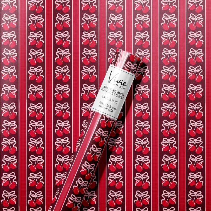 Burgundy Cherry Gingham Stripe Wrapping Paper Roll for wholesale by Vivie and Ash