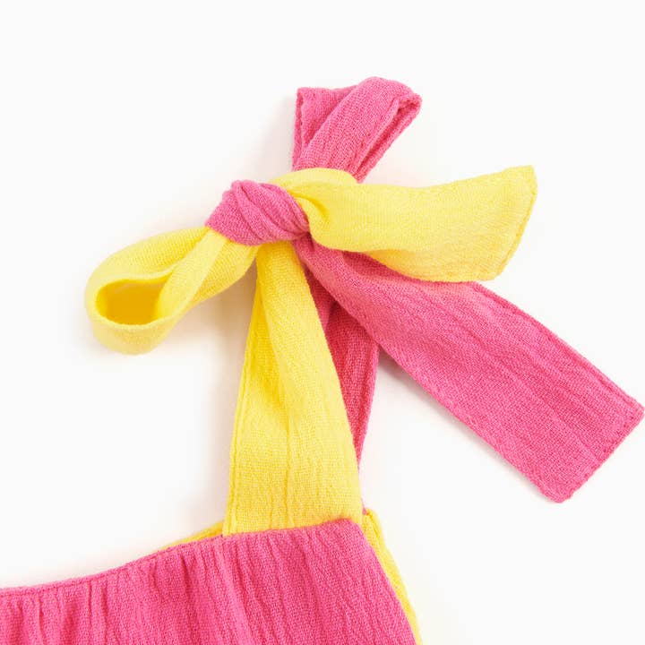 Lally Things – Engroshandel Kjole - Børn – Pige Børn Farveblok Dobbeltsidet Gul-Pink Lang Kjole3