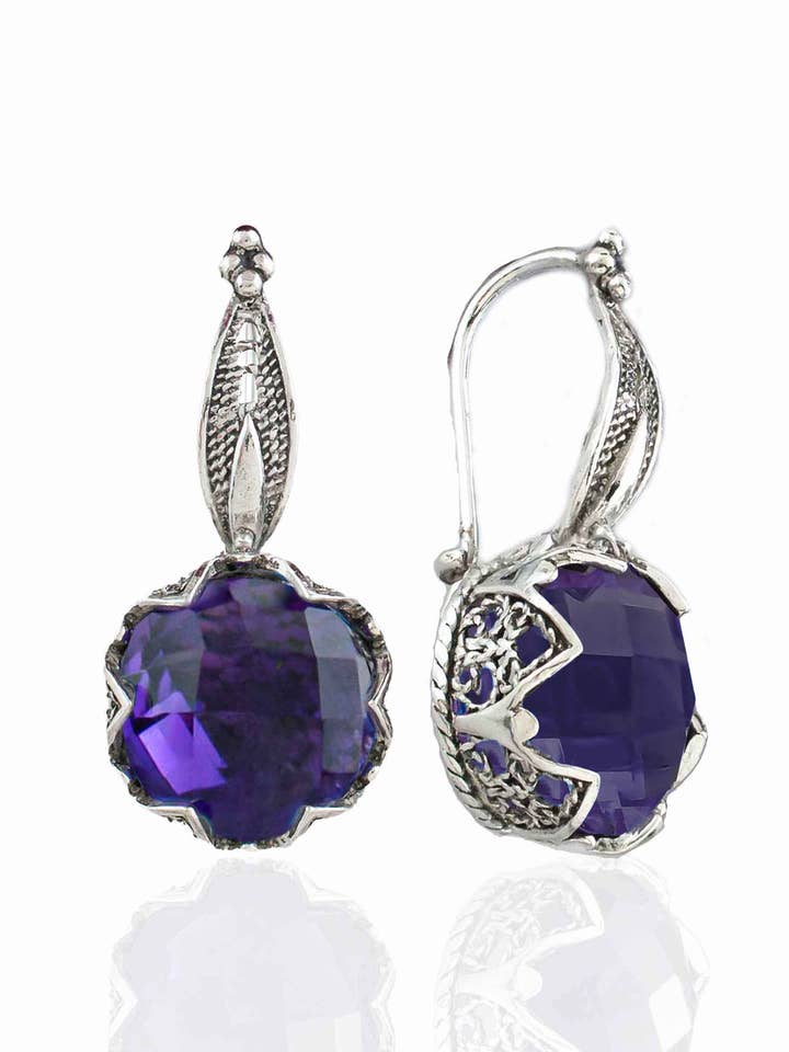Orecchini pendenti a forma di loto con ametista artistica in filigrana in argento Sterling per la vendita all'ingrosso da parte di Filigranist Jewelry