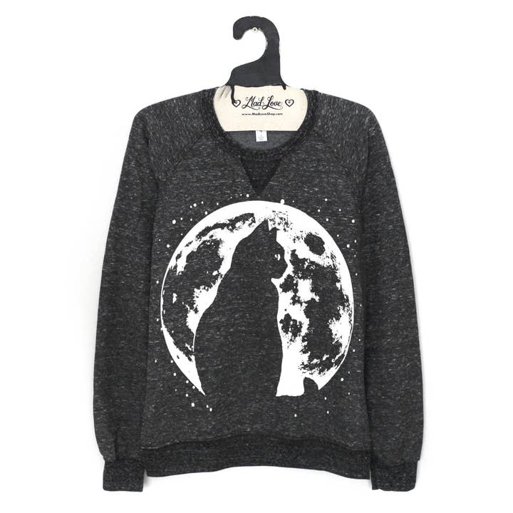 Unisex Black Speckle Terry Sweatshirt with Cat Moon Print for wholesale by Mad Love Shop