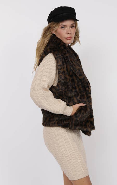 Sage The Label - Vente Pull sans manches – femme - Gilet surdimensionné en fausse fourrure léopard Waverly : MARRON NOIR2