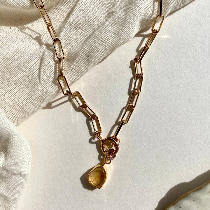 Citrine Carved Chunky Chain Necklace | Success (Gold Plated) for wholesale by Decadorn