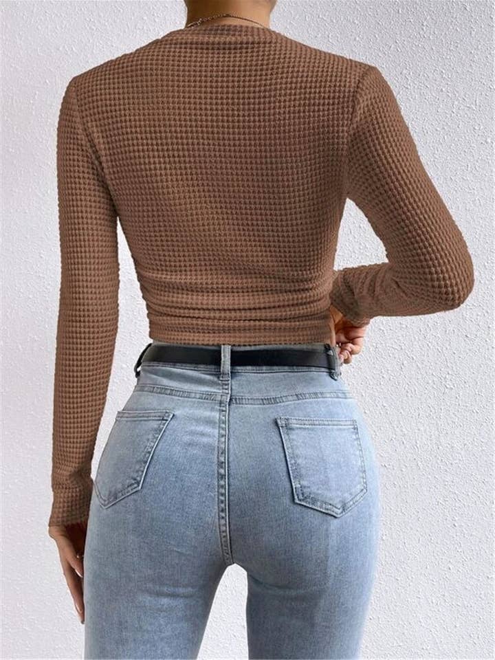 Rosa Clothing - Wholesale Knit Top - Women's - Waffle slim fit crewneck long sleeve t-shirt10