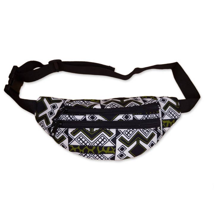 AfricanFabs – Engroshandel Bæltetaske - Unisex – Afrikansk Print Bæltetaske - Hvid / Grøn bogolan - Ankara Taljetaske / Bæltetaske / Festival Taske med Justerbar rem