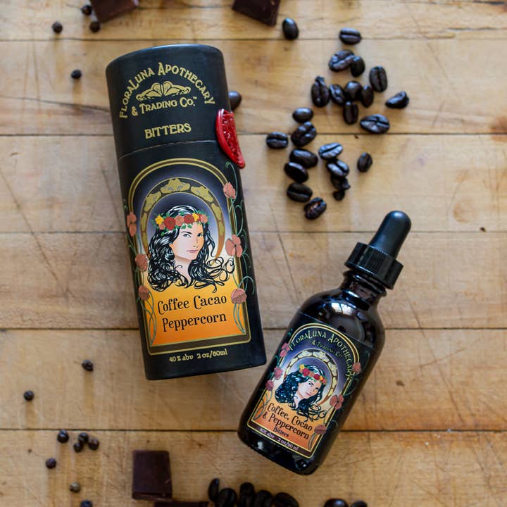 Coffee Cocao Peppercorn Bitters for wholesale by FloraLuna Apothecary & Trading Co.