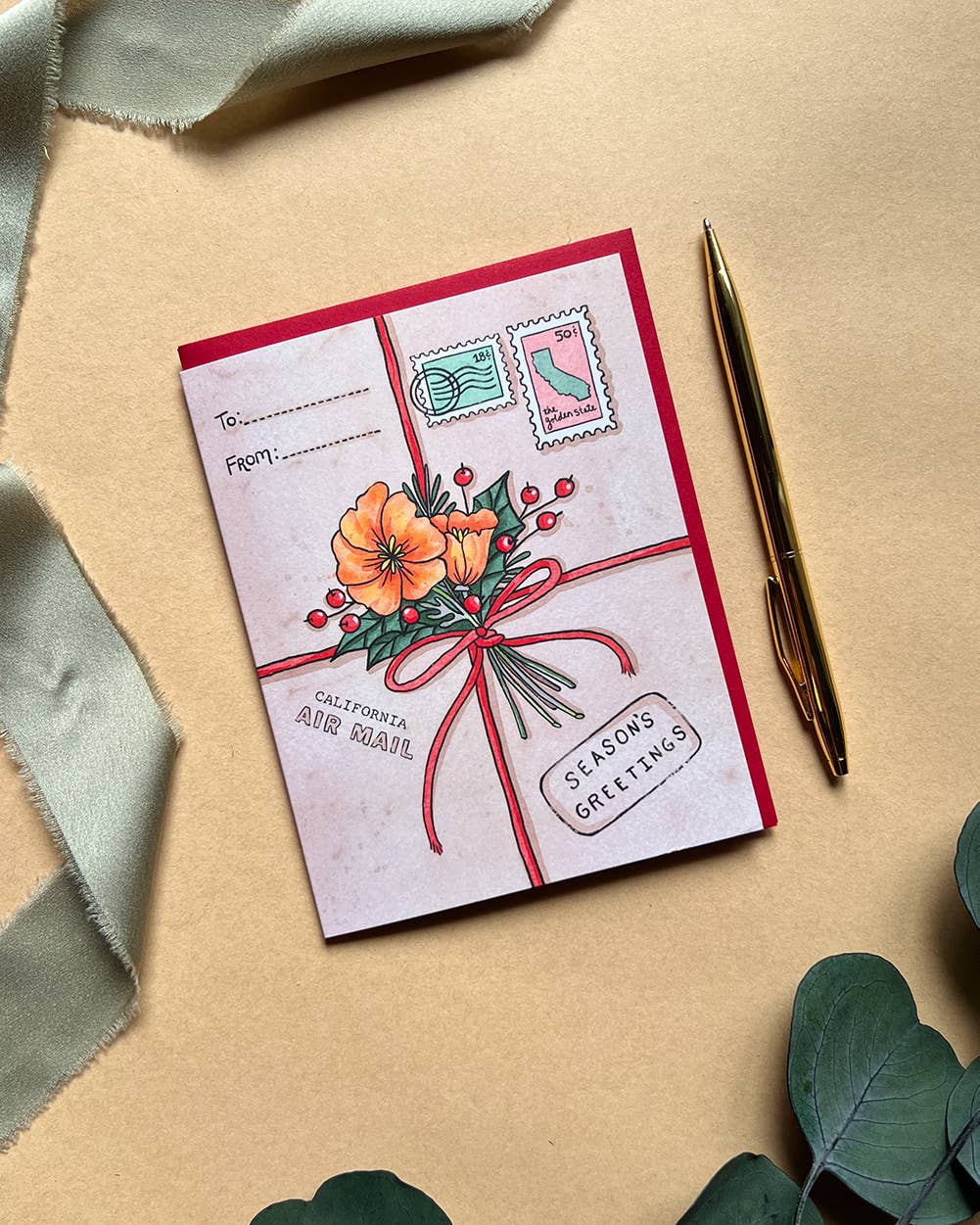 Brenna Daugherty Illustration - Vente Cartes de vœux saisonnières - Cartes en boîte du forfait vacances Coquelicot de Californie - Ensemble de 61