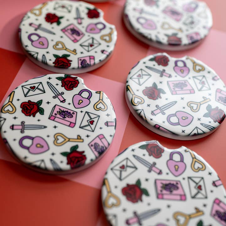 Romantasy Bookish Design - Ceramic Car Coasters (Set of 2) for wholesale by Wicked Creatiff