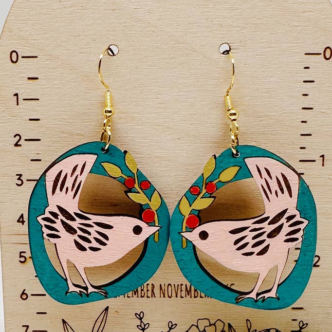 Christmas Bird Dangle Earrings, Handmade for wholesale by Remember November, Inc