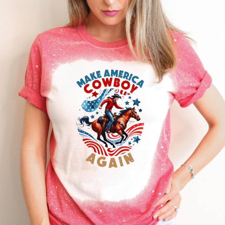 Make America Cowboy Again 4th Of July Bleached Tee for wholesale by Hello Gorgeous Apparel