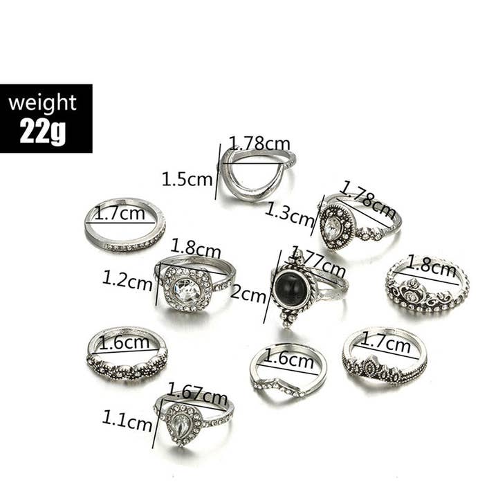 Black & White 11 Piece Bohemian Ring Set for wholesale by Golden NYC Jewelry