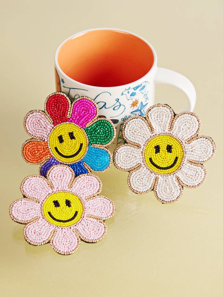 Retro Lächeln Blumen Gesicht Handgemachte Saatperlen Untersetzer für den Großhandel von Designature New York