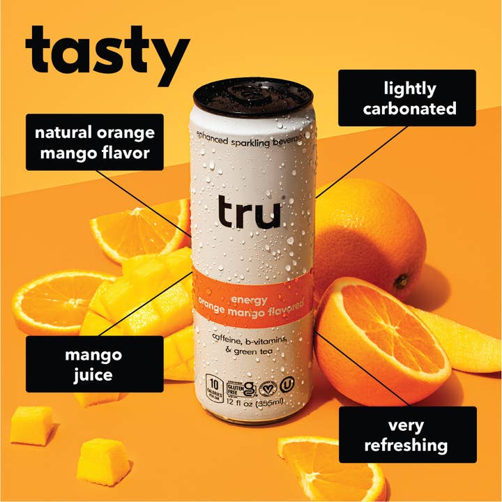 Tru - Wholesale Sparkling Water - Tru Energy Sparkling Drink, Orange Mango (Pack of 12)