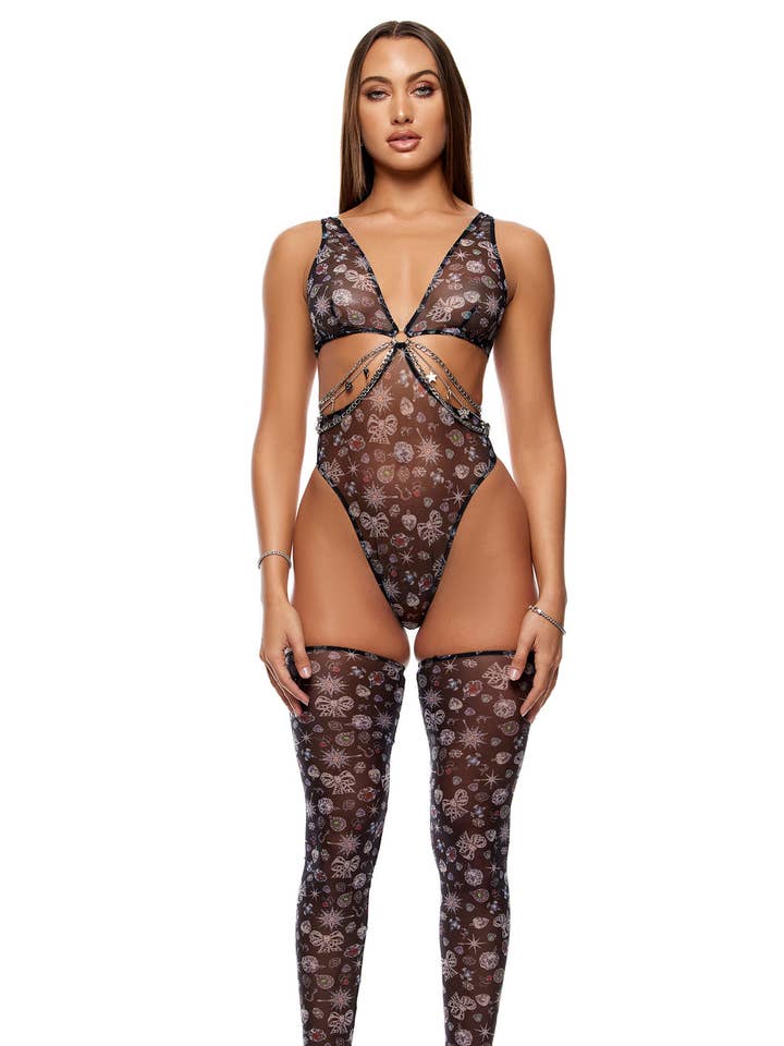 Conjunto de lencería de malla y cadenas Sheer Charm Teddy - Negro para venta al por mayor de Forplay Inc.