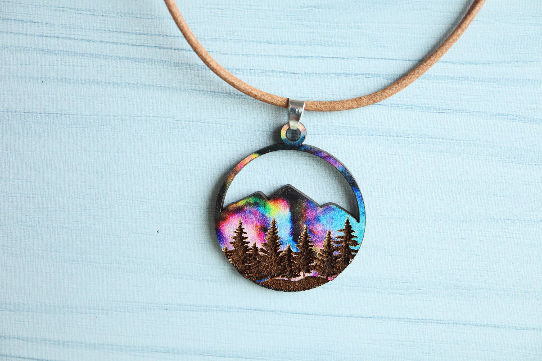 Nine Mile Creative - Wholesale Pendant/Charm Necklace - Aurora Mountains Wood Pendant Adjustable Necklace11
