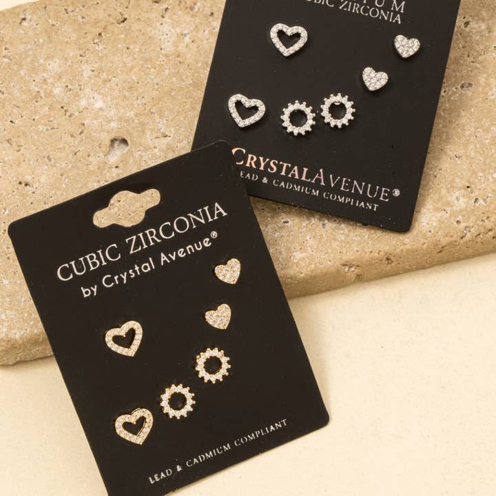 Three Pair Cz Heart Stud Earrings Set for wholesale by Anarchy Street
