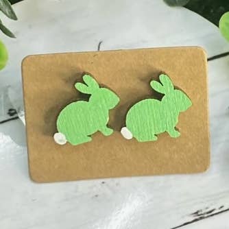 Green, Bunny, Easter,Wood stud earrings, lightweight, for wholesale by Traveling Sparrow