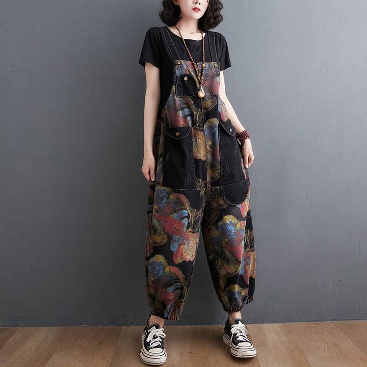 Plush Looks - Wholesale Overalls - Women's - Loose Floral Printed Denim Capri Overalls2