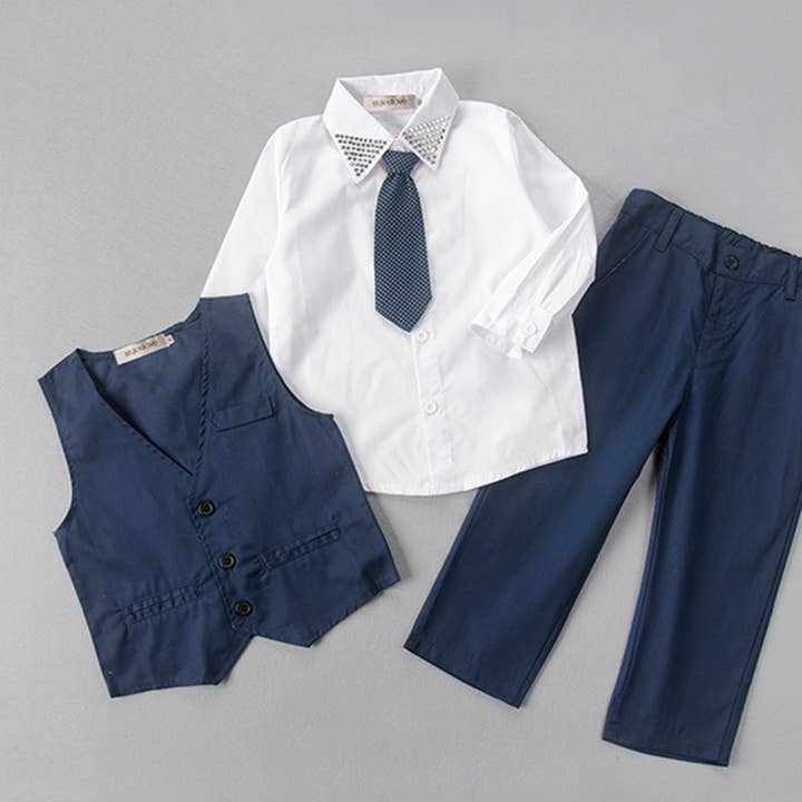 Traje formal blanco marino para niño de 4 piezas con tachuelas para venta al por mayor de Fennco Styles