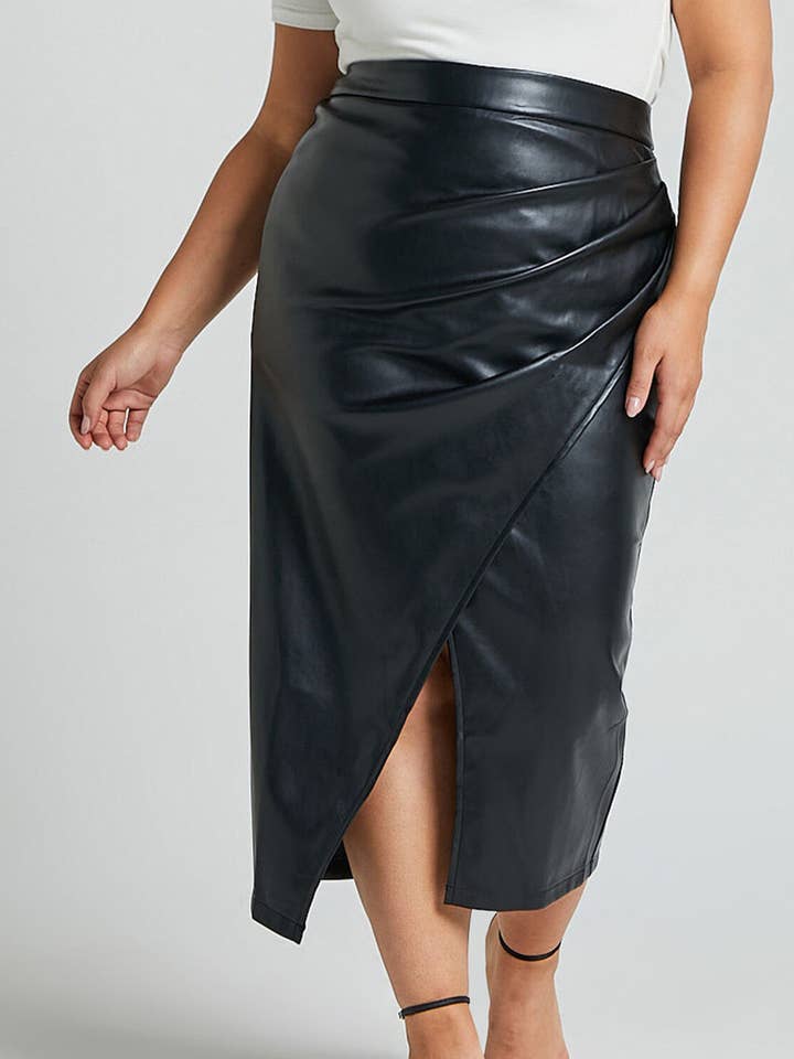 Lily Clothing - Wholesale Skirt - Women's - PU leather split high waist zipper pile pleated leather skir1