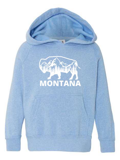 Youth Sky Blue with White Montana Bison Hoodie for wholesale by Montana Tees