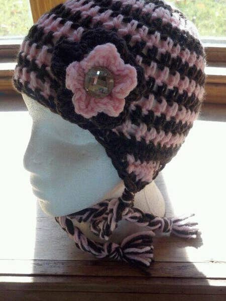Striped Crochet Hat with Flower for wholesale by Mad Hatter Farm
