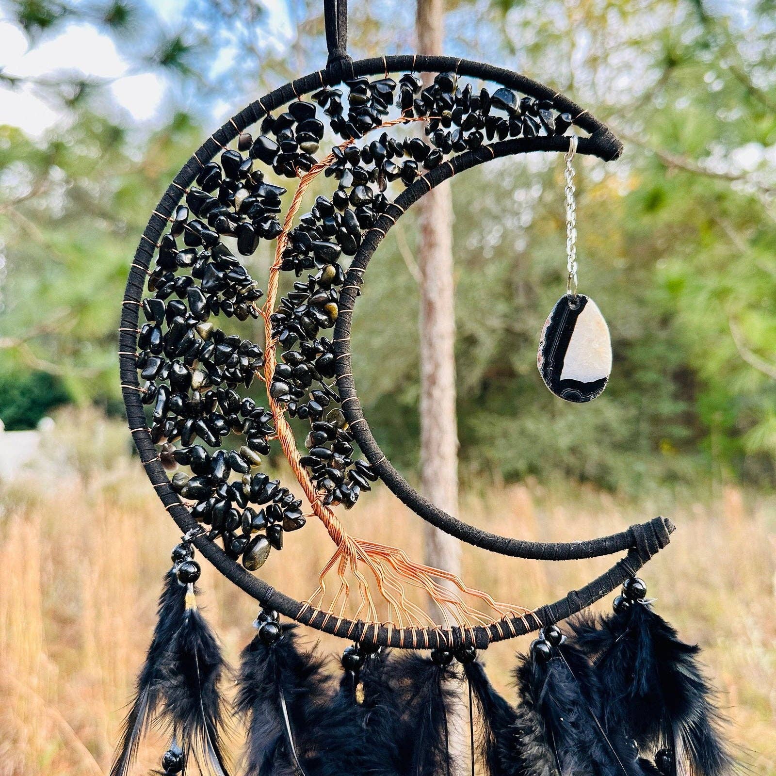 Guzel Handcrafts - Wholesale Dream Catcher - Medium Wall Hanging Crescent Moon Dream Catcher with Black Obsidian Stones & Hanging Stone Charm with Feathers Blacked Out Modern Home Decor4