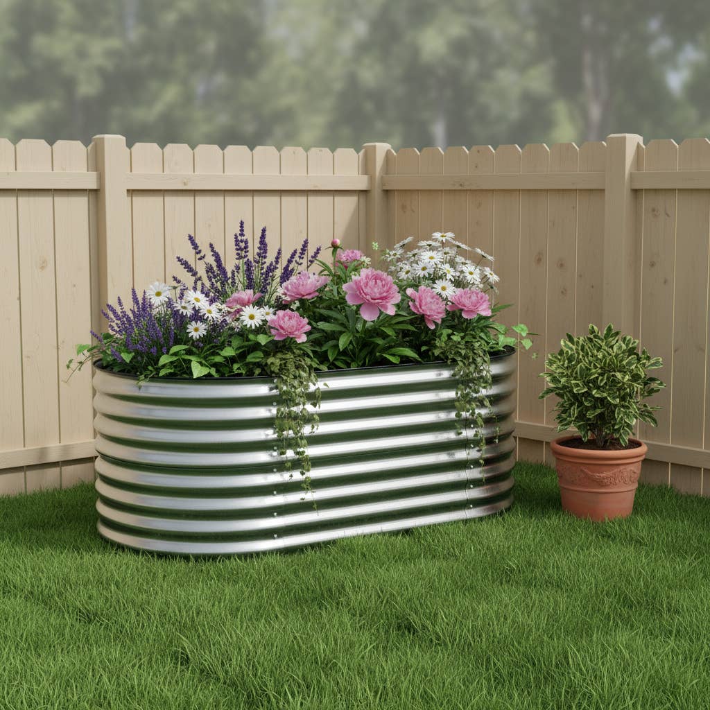 HomeRoots - Wholesale Planter Box - 32" X 63" Silver Metal Oval Raised Garden Bed1