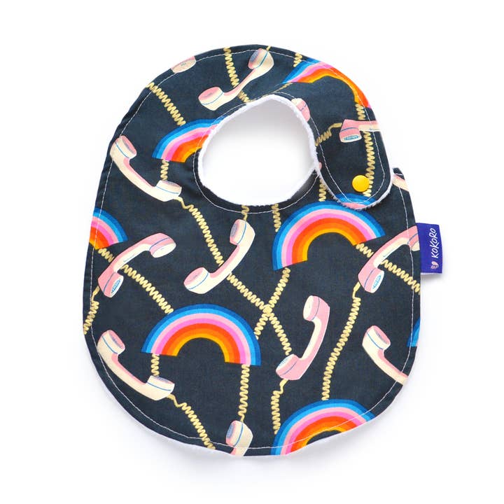Call On Me Classic Bib | Rainbow Phone Navy Baby Bib for wholesale by Kokoro