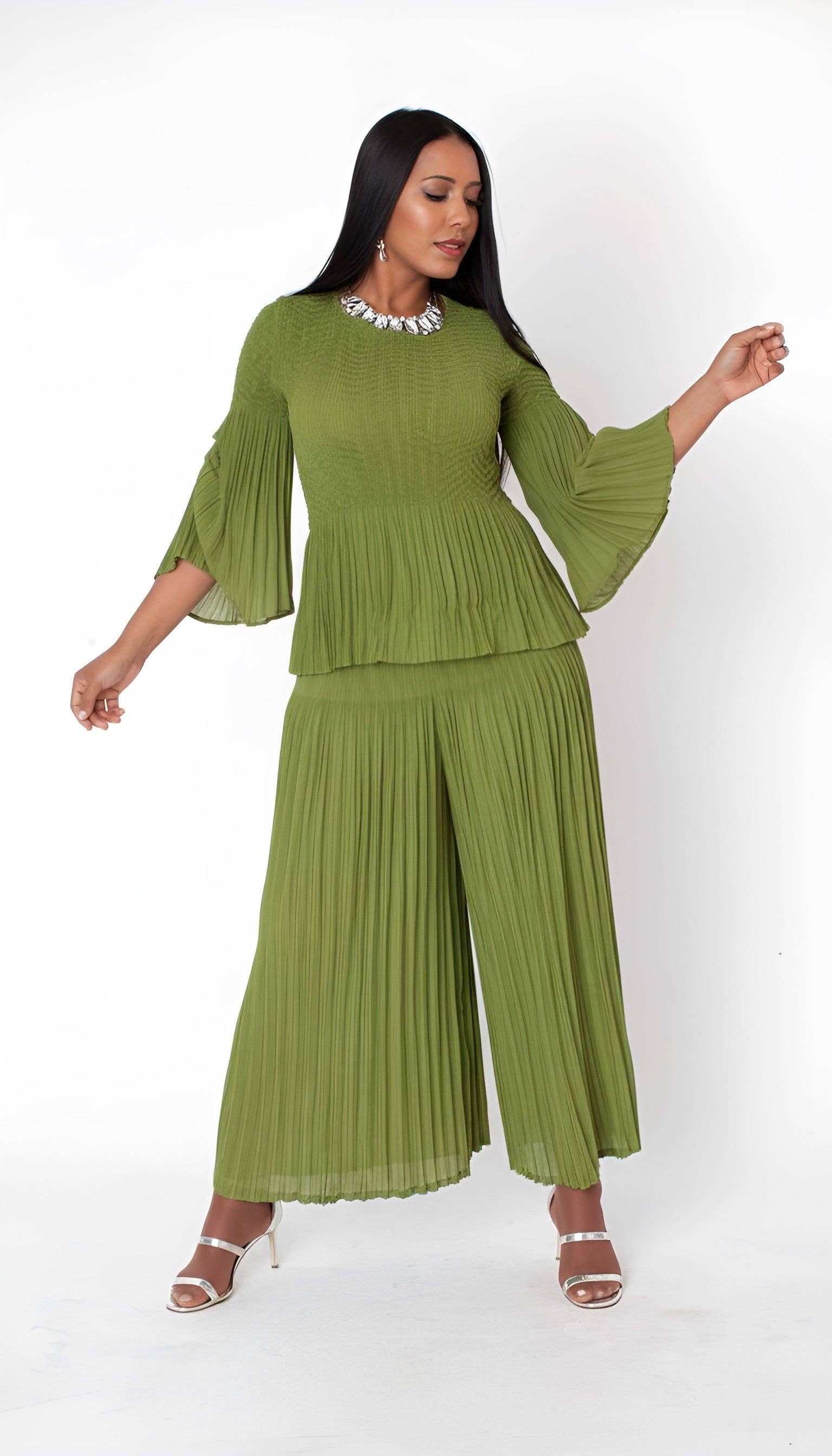 For Her NYC - Wholesale Top & Pant Set (NOT Loungewear) - Women's - Ruched Sleeve Pleated Pantset - 82909