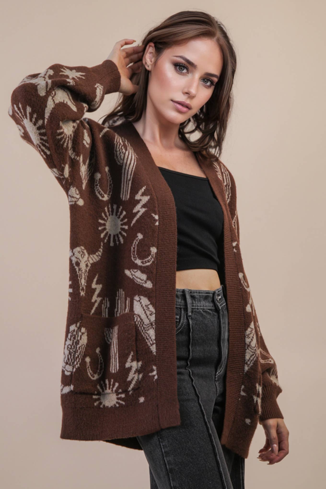 VERY J - Wholesale Cardigan - Dames - 12W3393N-Oversized Western Graphic Gebreide Trui Vest12