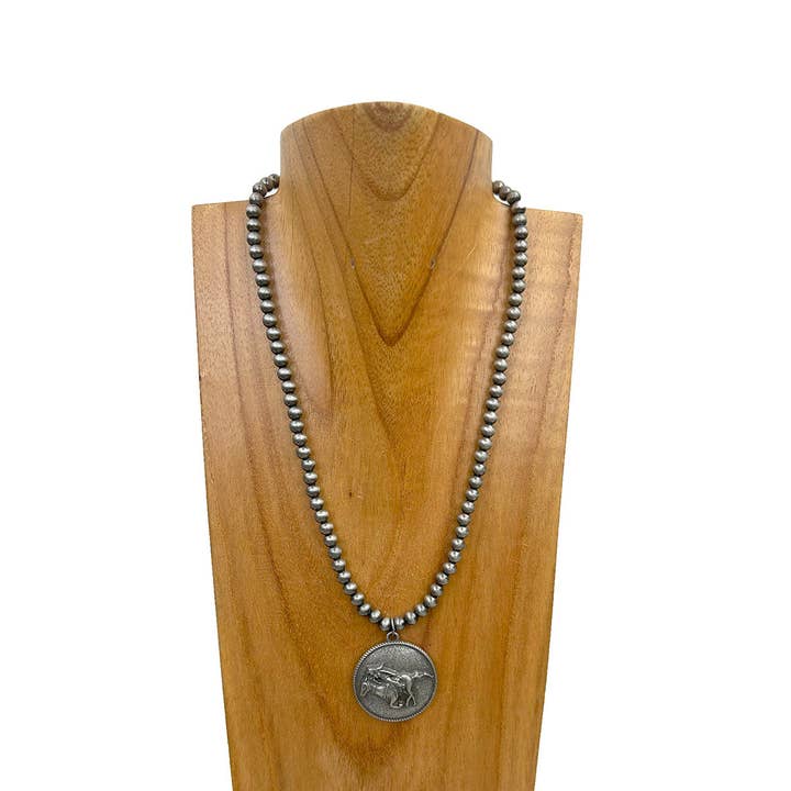 NKY250525-11 18'' 6mm zilveren Navajo parelketting met western cowgirl hanger Ketting voor wholesale door Western Elite Jewelry