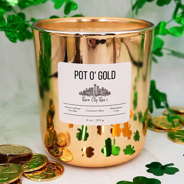 St Patricks Day Pot of Gold 13 oz Candle ~ Metallic Gold for wholesale by Rain City Rae's