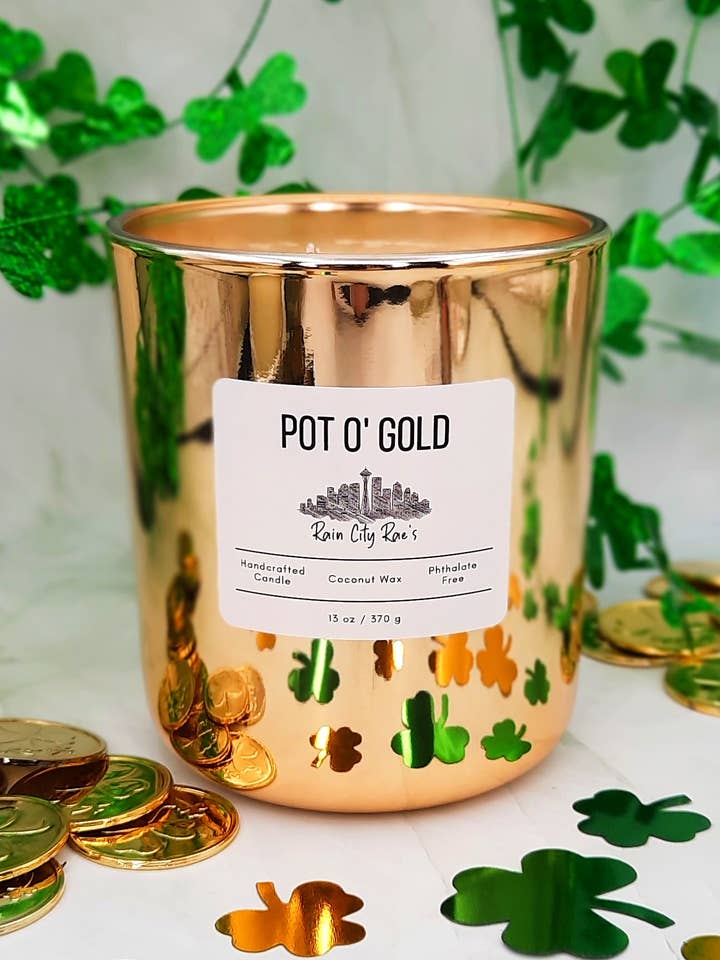 St Patricks Day Pot of Gold 13 oz Candle ~ Metallic Gold for wholesale by Rain City Rae's