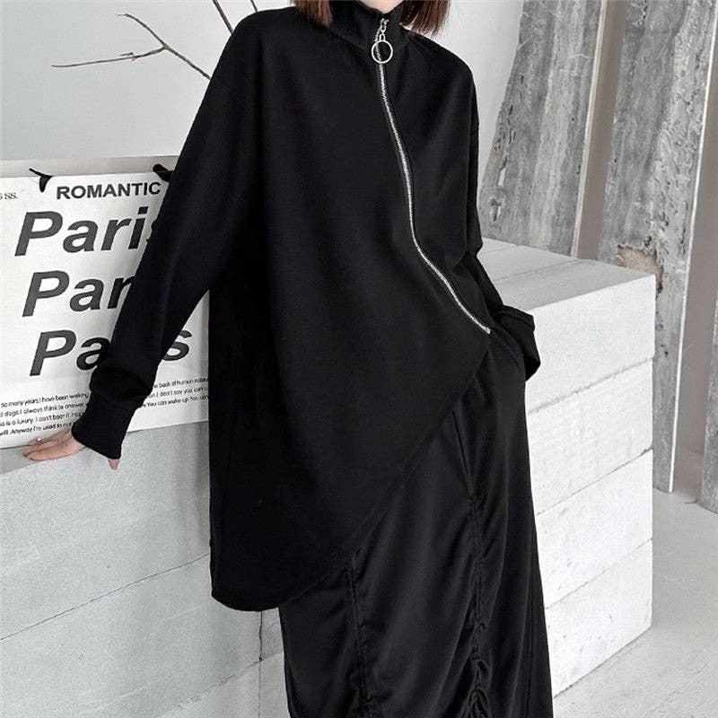 SCHWARZ Unifarbener High-Neck-Reißverschluss Unregelmäßiges T-Shirt-Top für den Großhandel auf Faire0