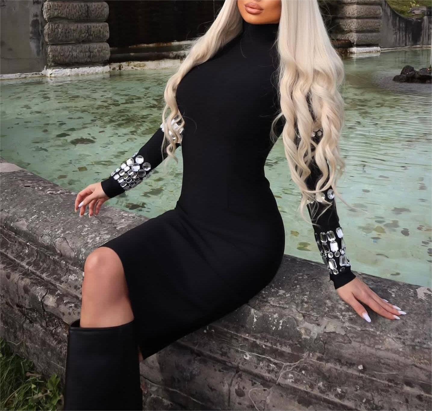 Black DR048 Studded Long Sleeve High Neck Bandage Knit Dress for wholesale on Faire18