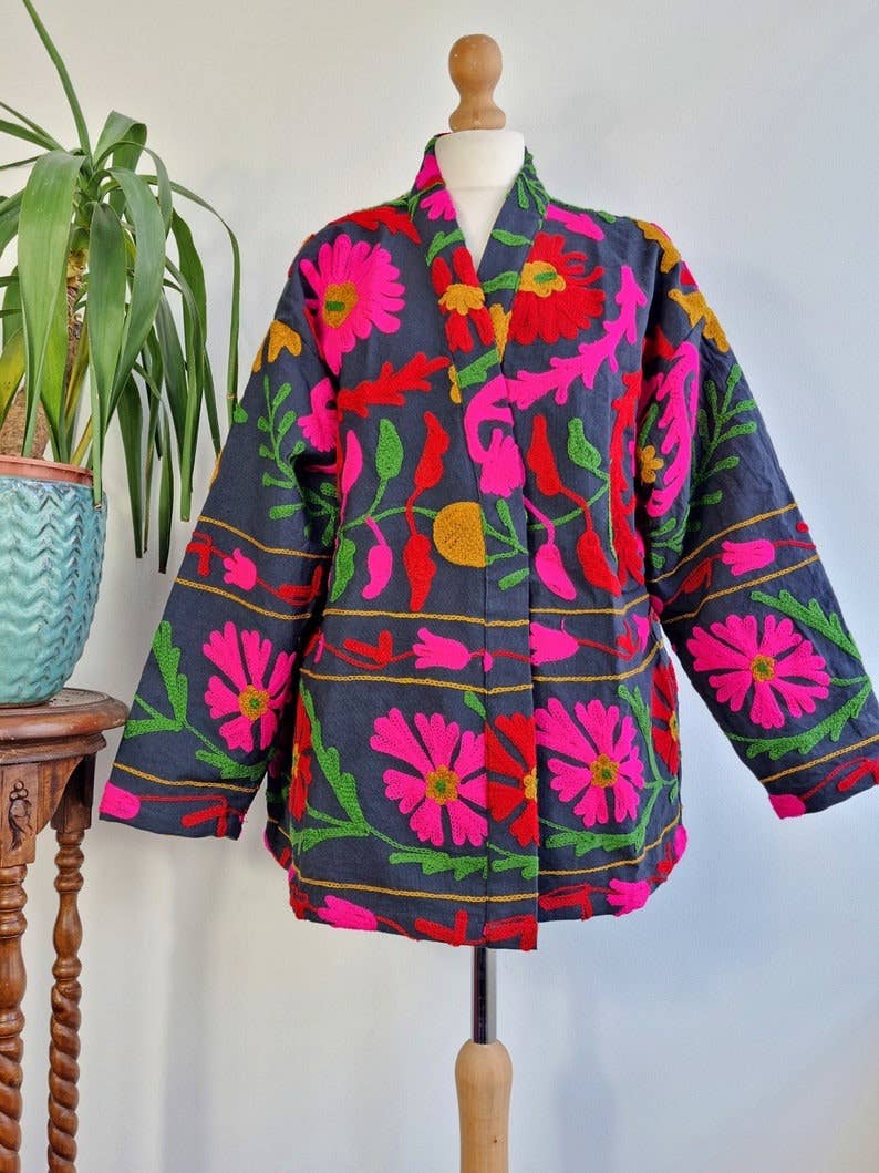 Essential Designs London – wholesale Jacket – Women's – Suzani Hand Embroidered Short Jacket | Autumn Winter Boho Uzbek Kashmir Crewel | Luxe Special Gift | Classic Elegant Black Pink Red Green |2
