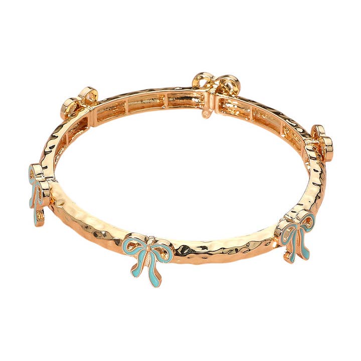 Sensibling Corp. - Wholesale Bangle Bracelet - Enamel Bow Accent Hammered Metal Bar Beaded Stretch Bracelet3