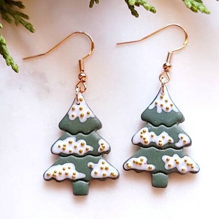 Festive Gold Christmas Tree Winter Clay Dangle Earrings for wholesale by Foxy Method