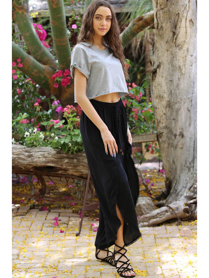 ANGIE - Wholesale Pants - Women's - 25P68-ASIS WRAP PANTS WITH CROCHET TRIM AND ELASTIC WAIST