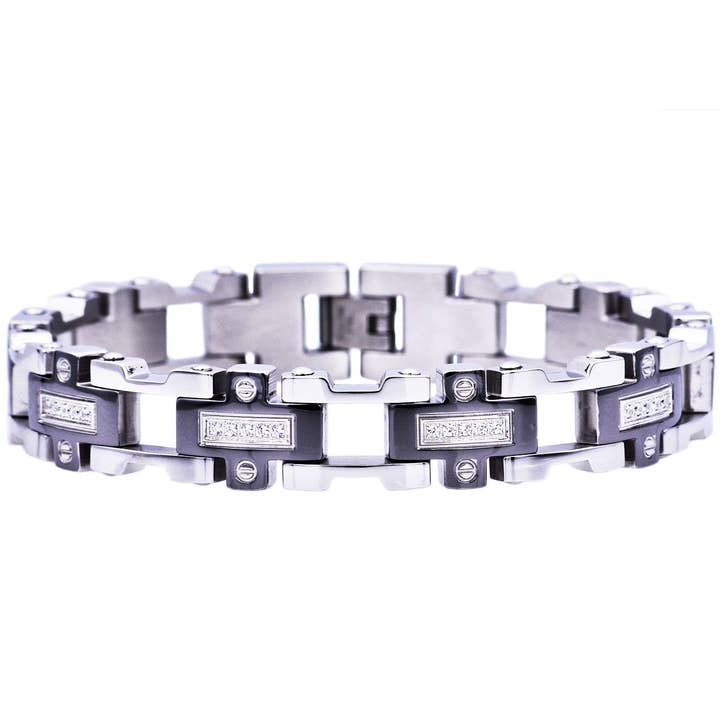 Men's Black Stainless Steel Bracelet With Cubic Zirconia for wholesale by Blackjack Mens Jewelry