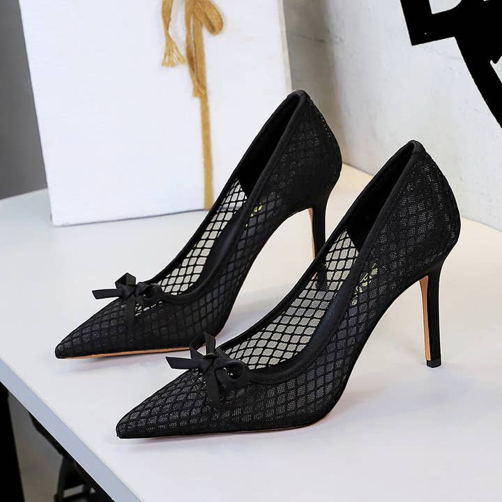 Svelte Seduction - Wholesale High heels – Women’s - French High Heels Bow Pointed Shallow Mouth Mesh Lace Stiletto Heel Slip on Pumps Women5