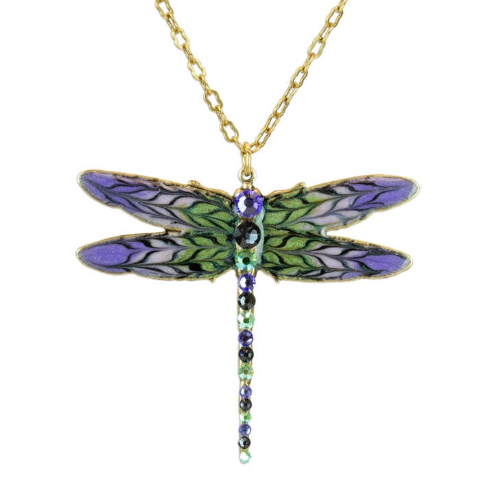 Collier libellule en cristal peint à la main vert, rose et violet pour la vente par Anne Koplik Designs, Inc.