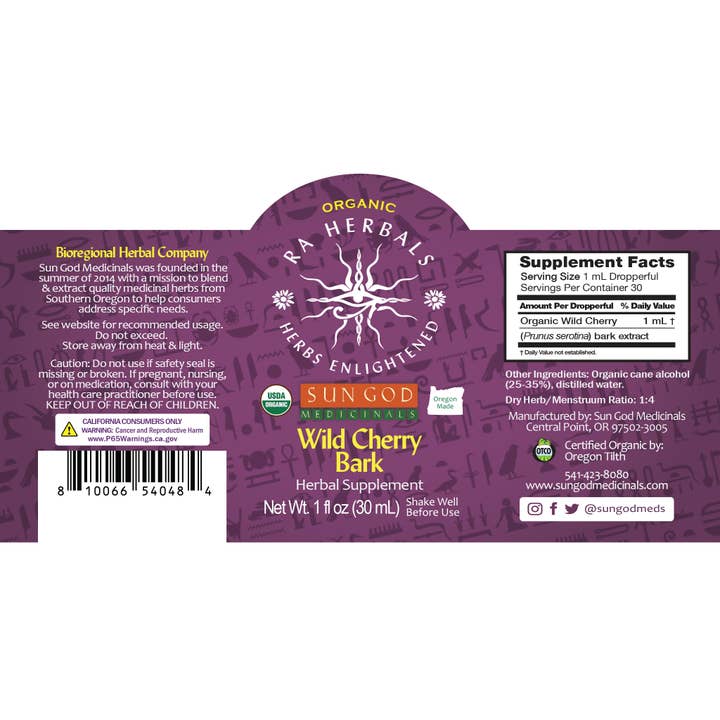Sun God Medicinals - Wholesale Tincture - Organic Wild Cherry Bark Tincture 1oz