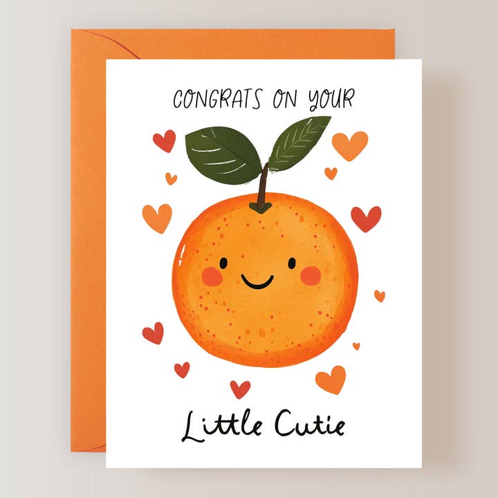 New Baby Card, Orange Little Cutie Card for wholesale by Firefly Paper Studio, LLC