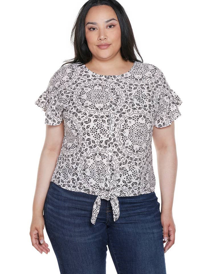 Plus Size Printed Eyelet Tie Front Knit Top for wholesale by Belldini