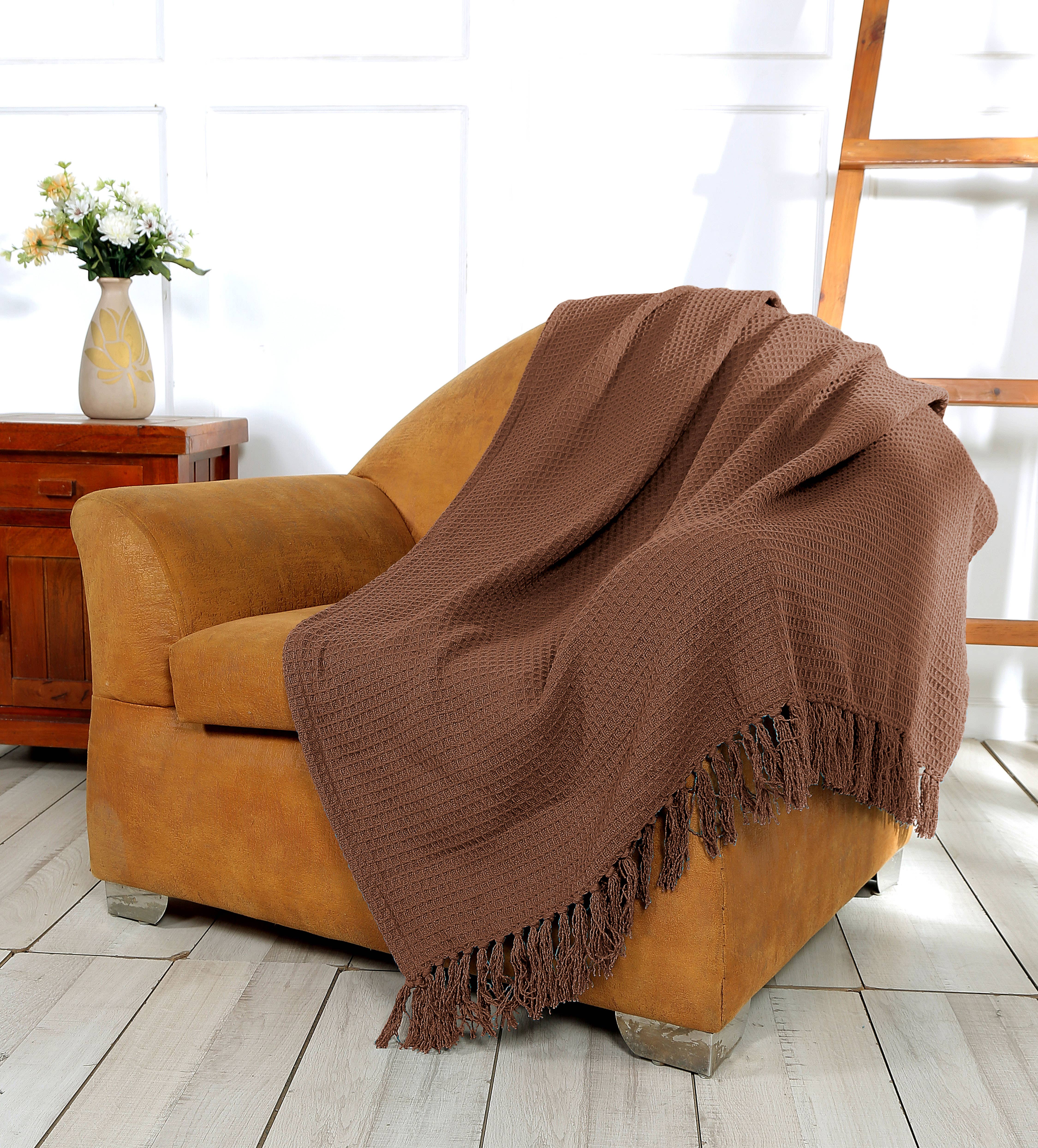 COZY HOMES COLLECTION - Wholesale Throw Blanket - Soft Cotton Waffle Weave Throw Blanket 70"x50" with Fringes0