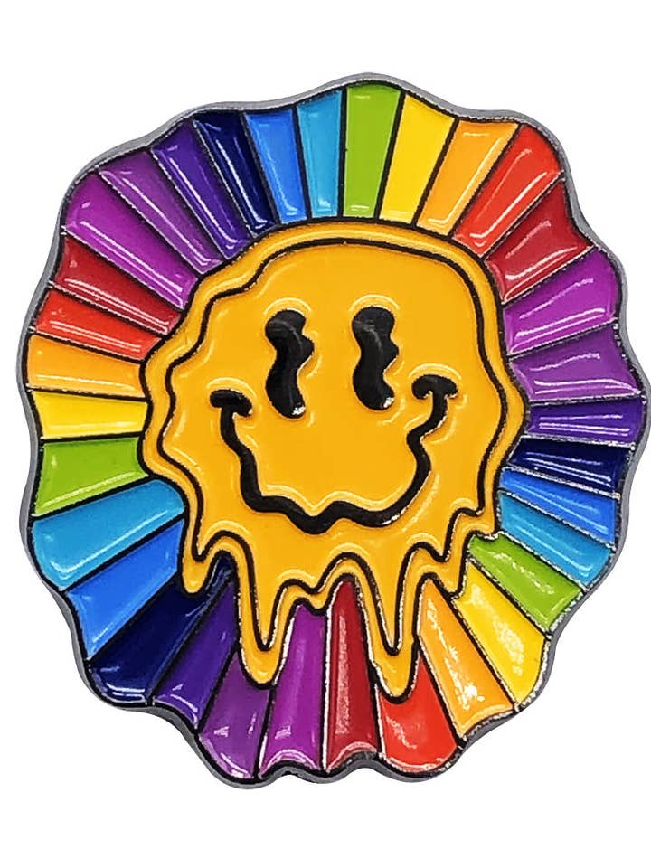 Melting Smiley Face Rainbow Enamel Pin with Metal Frame for wholesale by Fabdaz