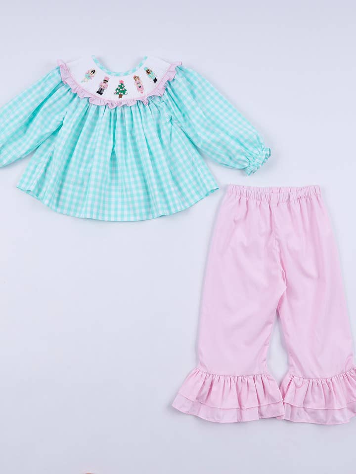 Mintgrønne jule nøddeknækker håndrøgede gingham flæsebukser sæt for engroshandel hos Mom & Co.