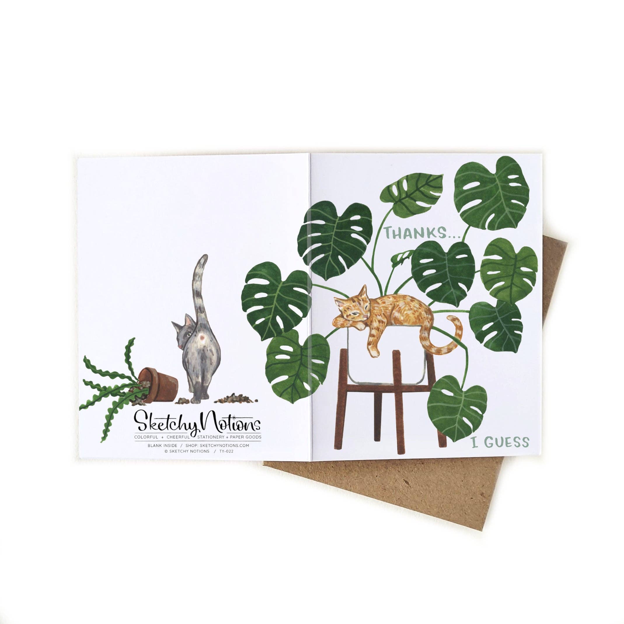 Sketchy Notions - Wholesale Thank You Card - Thanks... I Guess Snarky Cat + Plant Card1